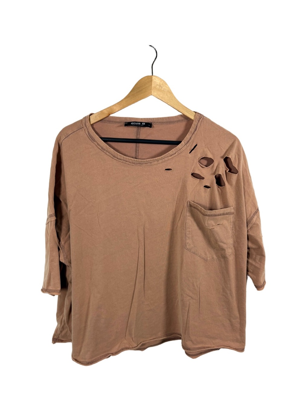 Blue B Collection Womens L Brown Distressed Oversized Top Pocket Raw Seam